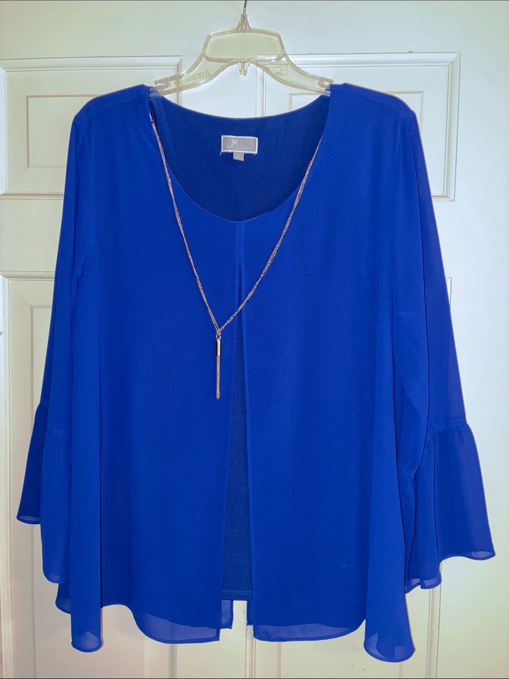 JM Collection Cobalt Blue Layered Peasant Blouse with Necklace